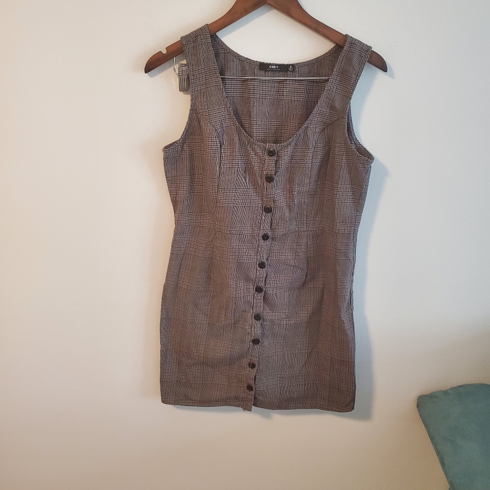 OBEY Worldwide plaid brown neutral mini dress button down sleeveless size medium